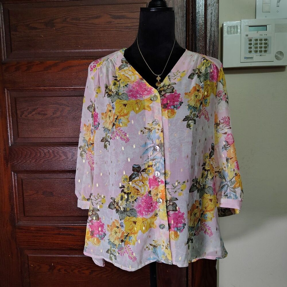 Pink Floral Sheer 3/4 Sleeve Figueroa&Flower Top Wmns Sz S/T402
